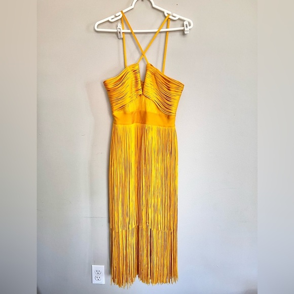 NWOT Herve Leger  Plunging Strappy Fringe Bandage Midi Dress In Marigold Size M - Picture 4 of 9